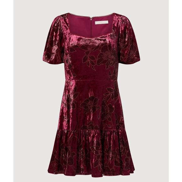 [Rachel Parcell] Maroon Floral Velvet Puff Sleeve Ruffle Mini Dress NWT Size 10 - Picture 2 of 12
